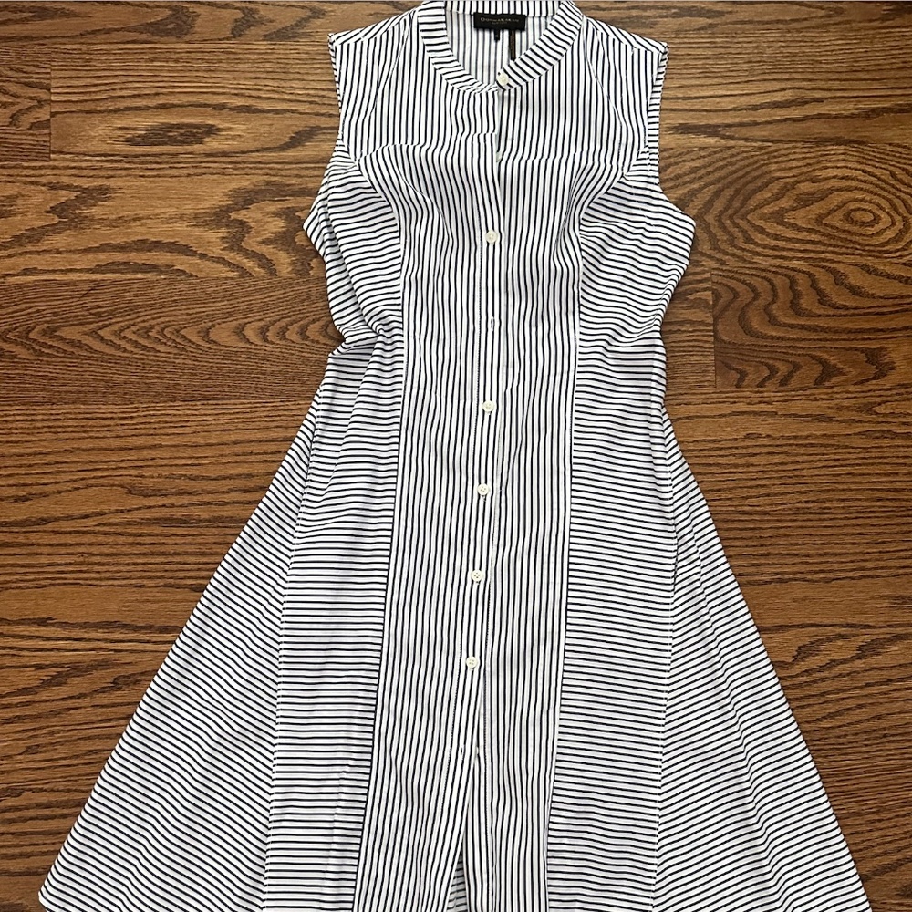 Donna Karen New York Striped Sleeveless cotton Dress ,White and Dark blue